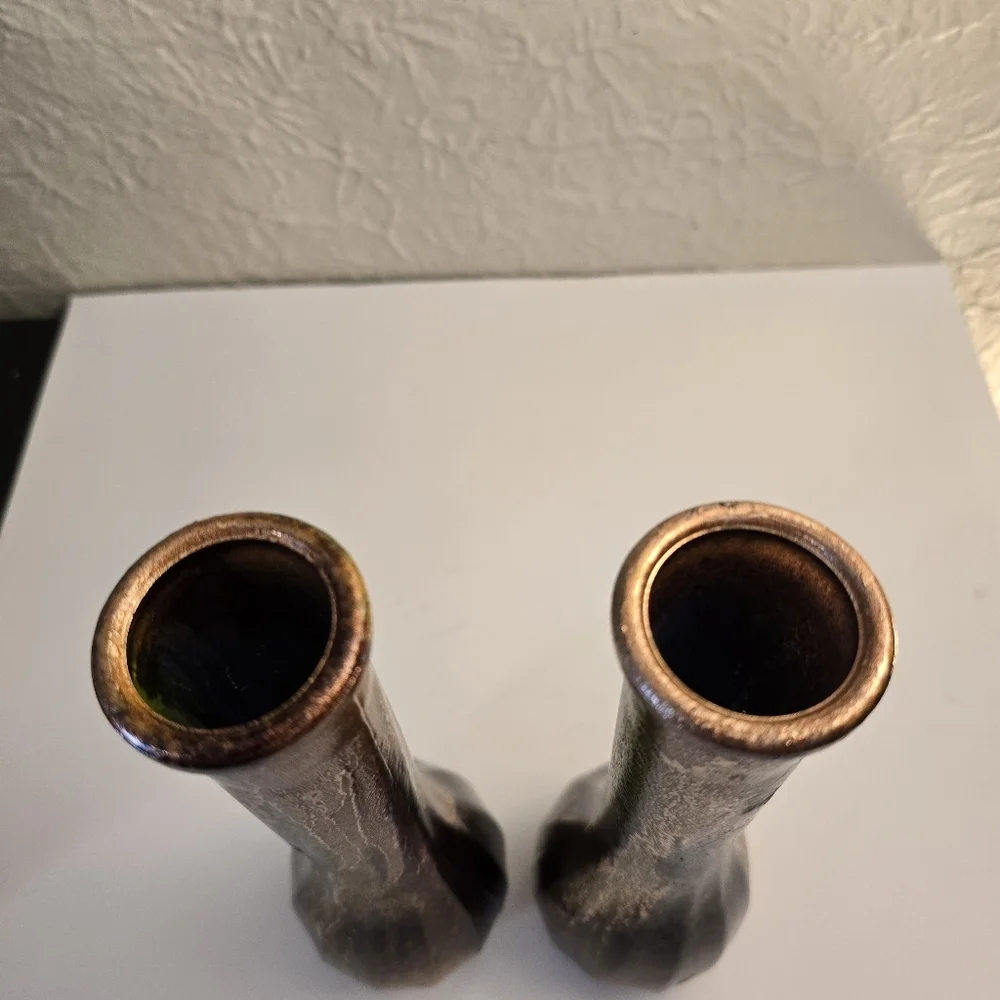 2 HANDCRAFTED Upcycled Glass Vases Brown & Copper HANDPAINTED Tabletop Art Decor